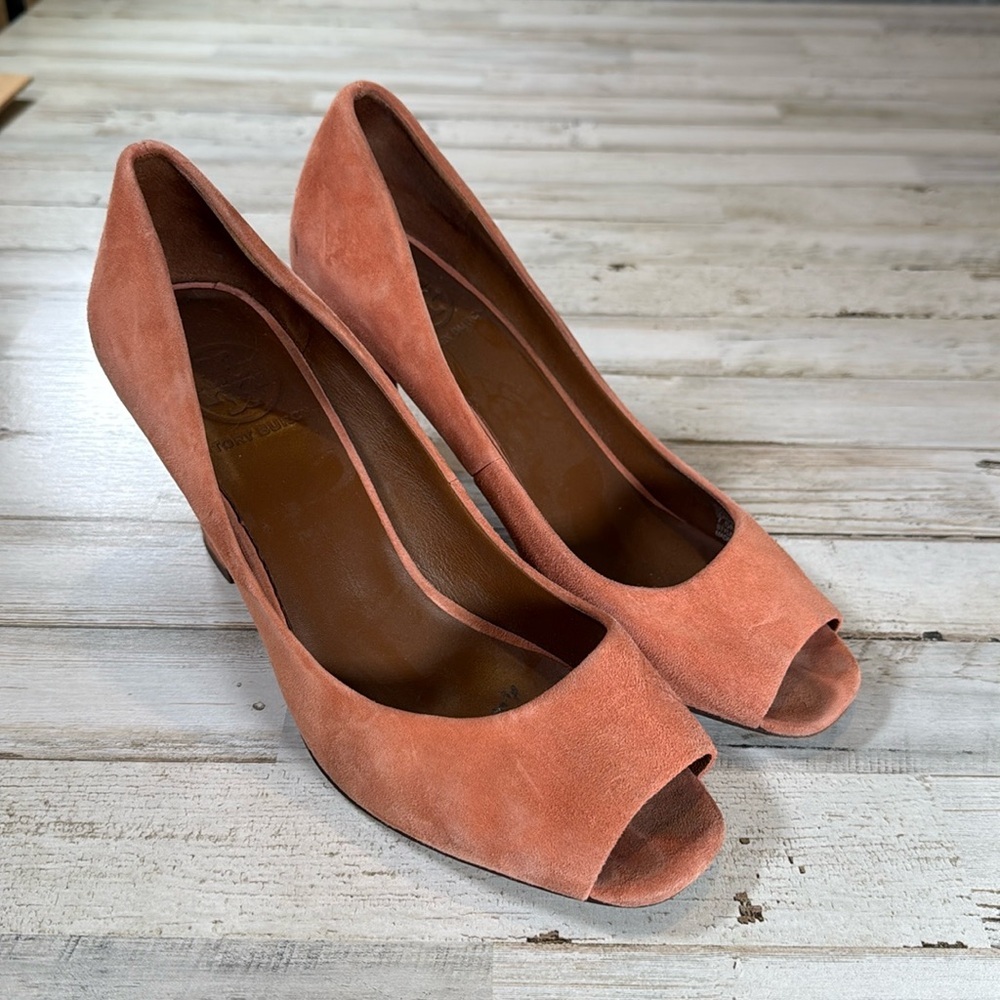 Tory Burch Peach Suede Peep-Toe Pumps